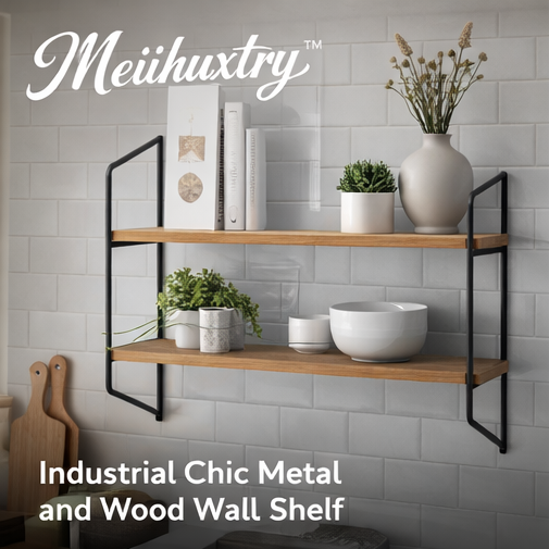 Meiihuxtry™ Industrial Chic Metal and Wood Wall Shelf Industrial wall shelf, metal and wood shelf, modern shelving, rustic decor, wall-mounted storage
