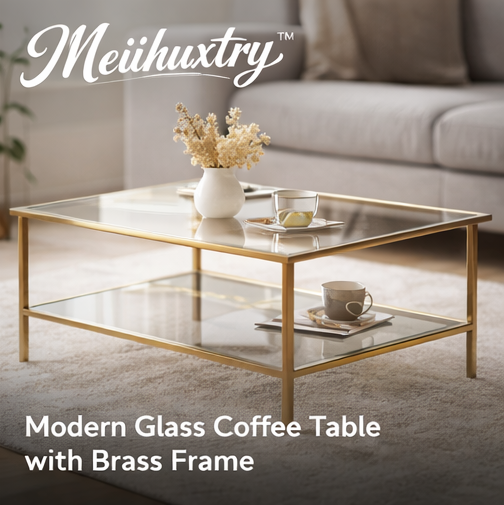 Meiihuxtry™ Modern Glass Coffee Table with Brass Frame Modern coffee table, glass coffee table, brass frame table, minimalist furniture, luxury living room decor